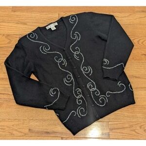 Cottagecore Angora Lambswool Cardigan Beaded Black Vintage Medium Quiet Luxury